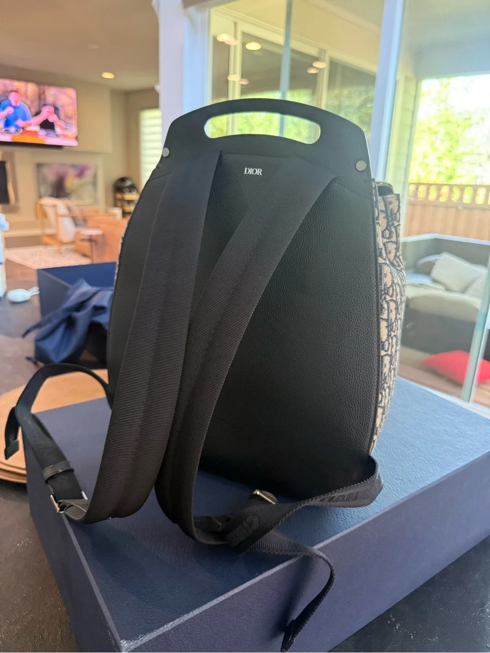 Dior Navy and White Oblique Monogram Backpack with Black Leather Trim